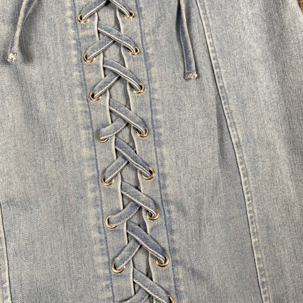 Story On Light Wash Denim Lace Up Front Mini Dress Bodycon Small - Picture 3 of 9